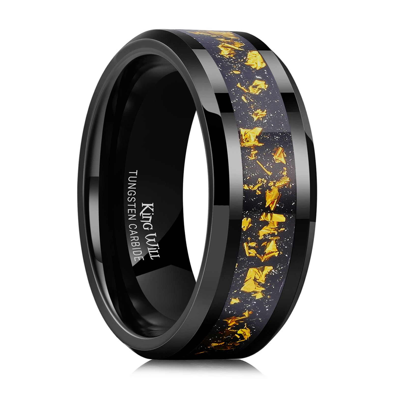 King Will Mens Wedding Band with Foils Inlay, Black/Silver/Gold