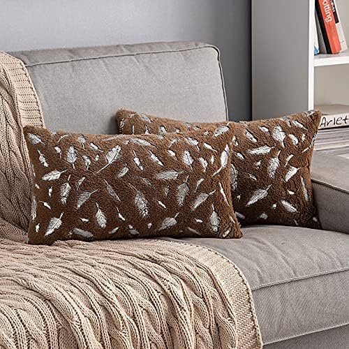 MIULEE 2 Pack Faux Fur Cushion Covers Fluffy Throw Pillow Covers Gold Feathers Soft Lovely Decorative Sapphire Square Luxurious Pillowcase for Livingroom Golden-Light Grey 45x45cm 18x18 Inch