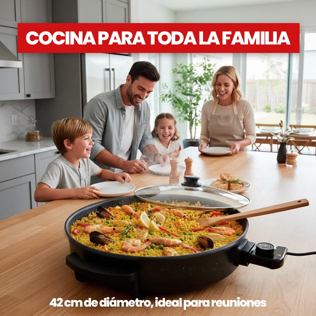 SOGO Paellera Eléctrica 1500W 9cm Antiadherente Termostato 240°C Sartén Eléctrica Tapa de Cristal