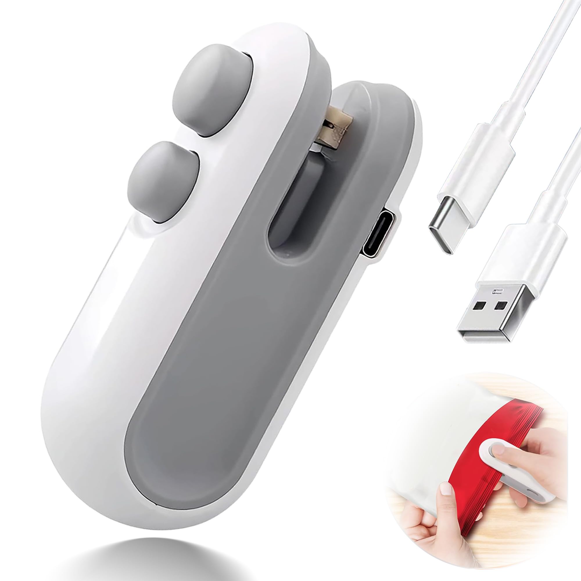 Mini Bag Sealer, 2 in 1 USB-C Rechargeable Heat Sealer and Cutter with Magnet, Portable Handheld Food Storage Resealer Mini for Plastic Snack Bags, Chips, Mylar Bags - White-image-7