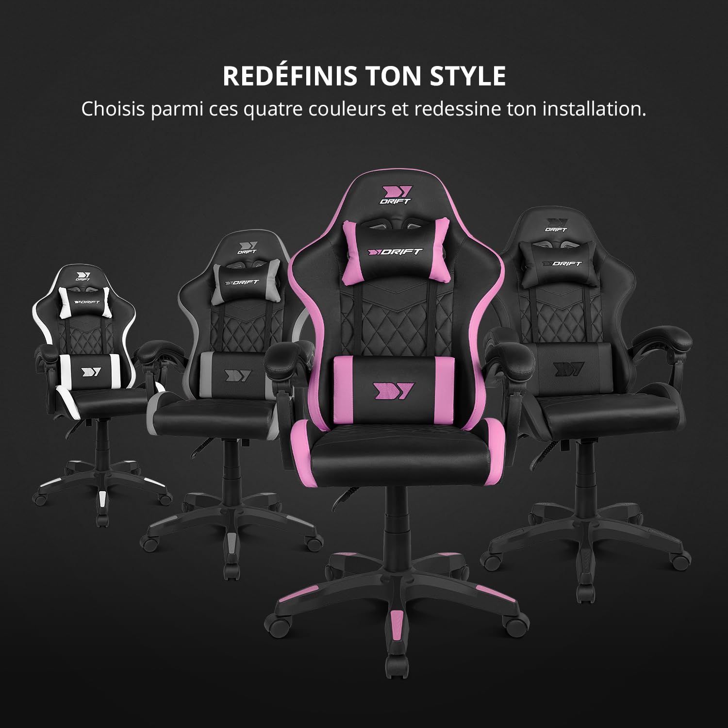 DRIFT GAMING DR35 - Chaise Professionnelle, Similicuir, Accoudoirs rembourrés, Piston Classe 3, Base en Nylon renforcé, Siège inclinable, Hauteur réglable, Coussin Lombaire/Cervical, Noir/Rose