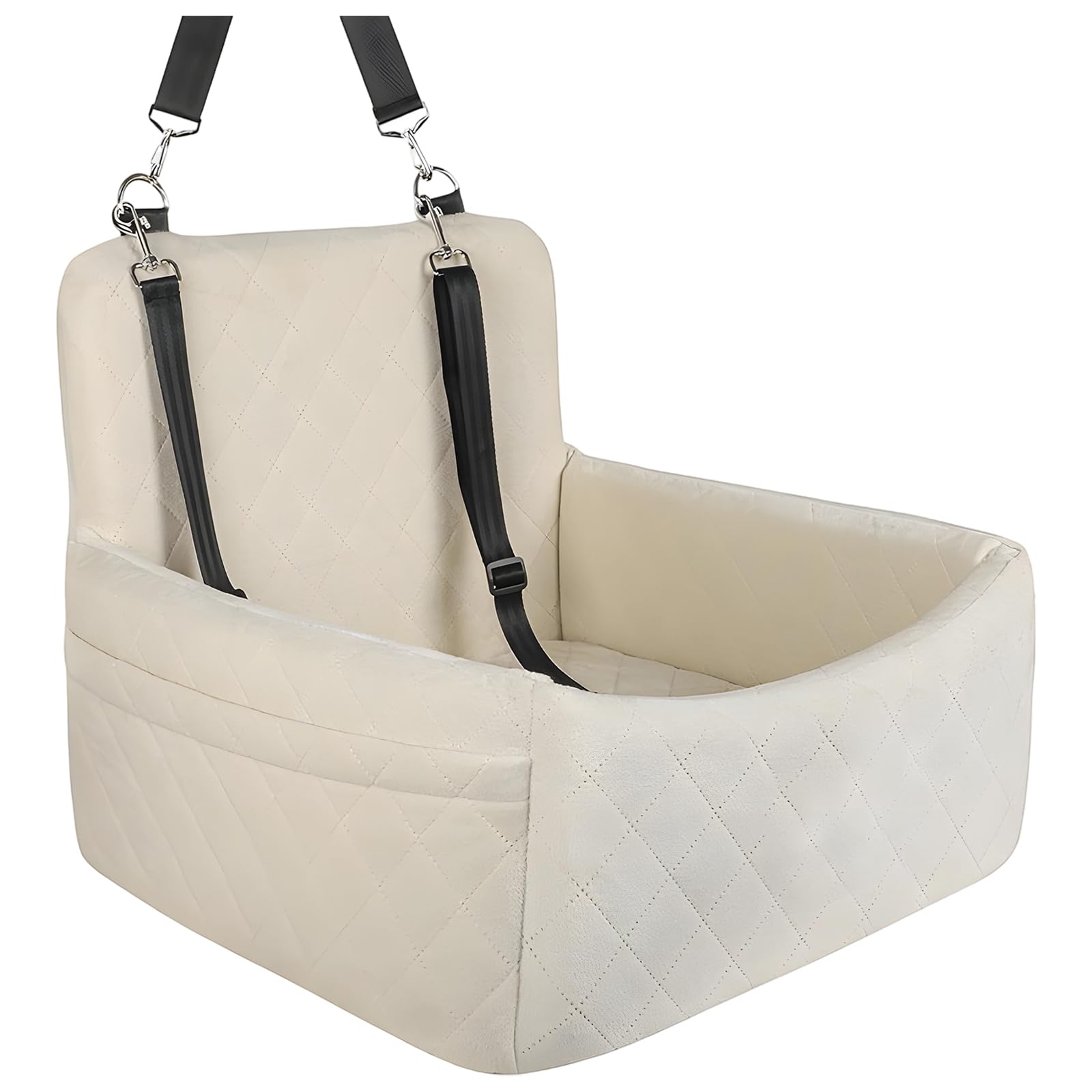 Velveteen - Asiento de coche para perros pequeños, elevador elevado para mascotas con lados altos, cinturón de seguridad y correa antideslizante, asiento delantero o trasero beige, soporte relajante