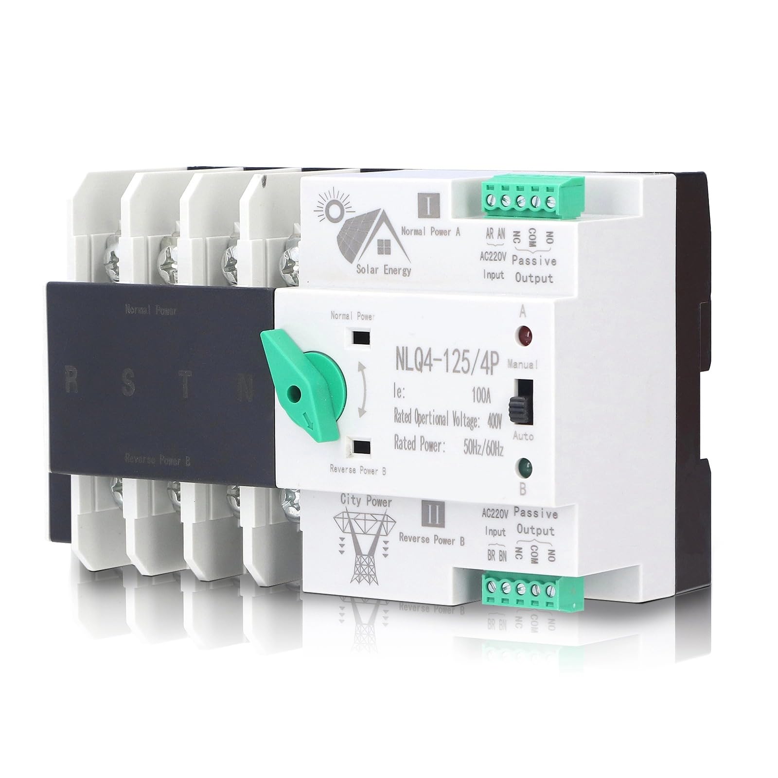 Notstrom Umschalter, 4P Automatischer Umschalter Notstrom Hutschiene, Dual Power Automatischer Transferschalter, 2 Wege übertragung, Für Kommunaler Strom, USV, Solar (NLQ4-125/4P 100A 220V) (Weiß)