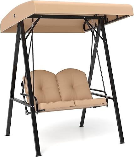 Tangkula Columpio de porche para 2 personas, columpio de patio con toldo ajustable, marco de metal resistente y cojín suave, columpio al aire libre