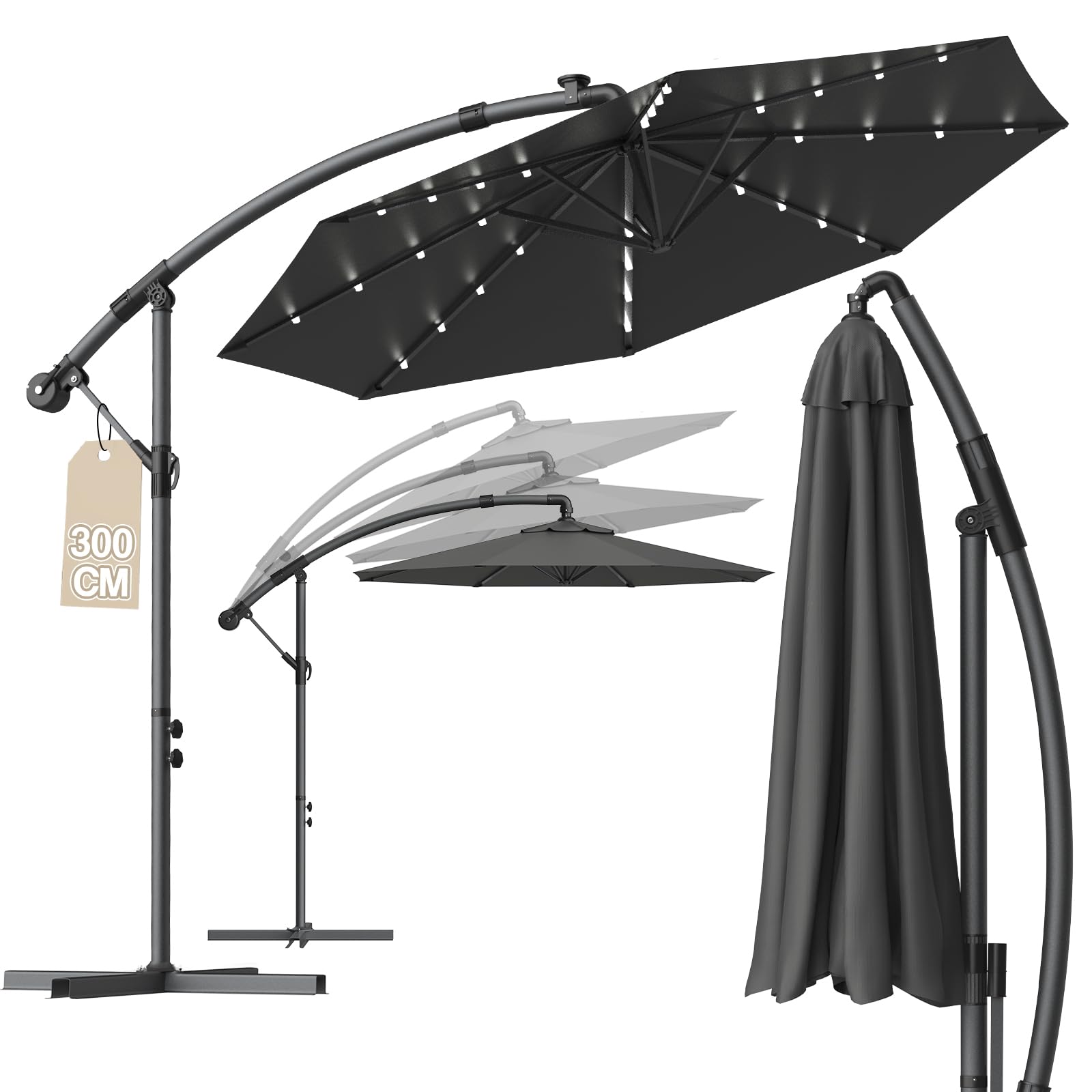 Verdego Parasol przeciwsłoneczny ze stojakiem, Ø 300 cm, parasol ogrodowy z korbą, parasol tarasowy, ochrona przed promieniowaniem UV, wiatroszczelny, wodoodporny, parasol rynkowy, obracany o 360°
