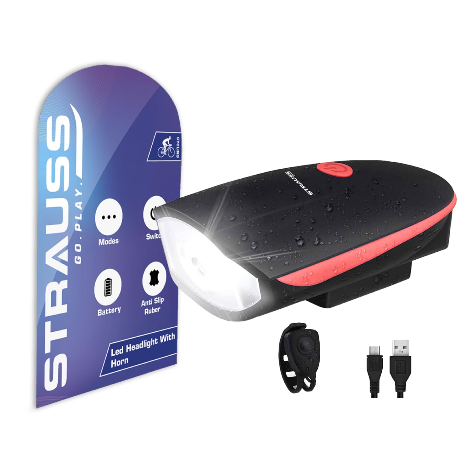 - Strauss Bicycle LED Headlight with Horn | 2-in-1 Front Bike Light & Horn Combo | Universal Adjustable Lamp for Cycling Safety (Red)