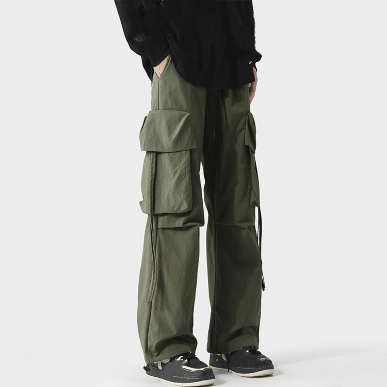 Generisch Pantalones cargo para hombre: pantalones de trabajo con cordón para exteriores con puños, pantalones de ocio, ropa urbana, pantalones de paracaídas, ligeros, pantalones funcionales
