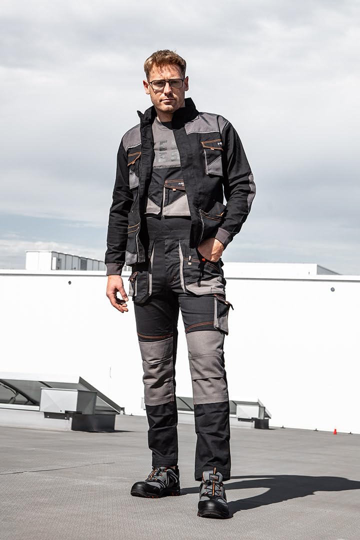 NEO TOOLS HD Slim Sweat de travail pour homme, gris, 60 % coton, 37 % polyester, 3 % élasthanne, coupe haute, près du corps, tissu Oxford, poches, coudes profilés, réfléchissant