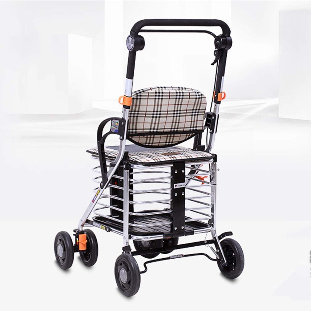 Carrito de Compras para Personas Mayores con Canasta de Almacenamiento | Andador Plegable con 6 Ruedas y Asiento, Frenos bloqueables, con Tira Reflectante Nocturna, Silla de Descanso de tran