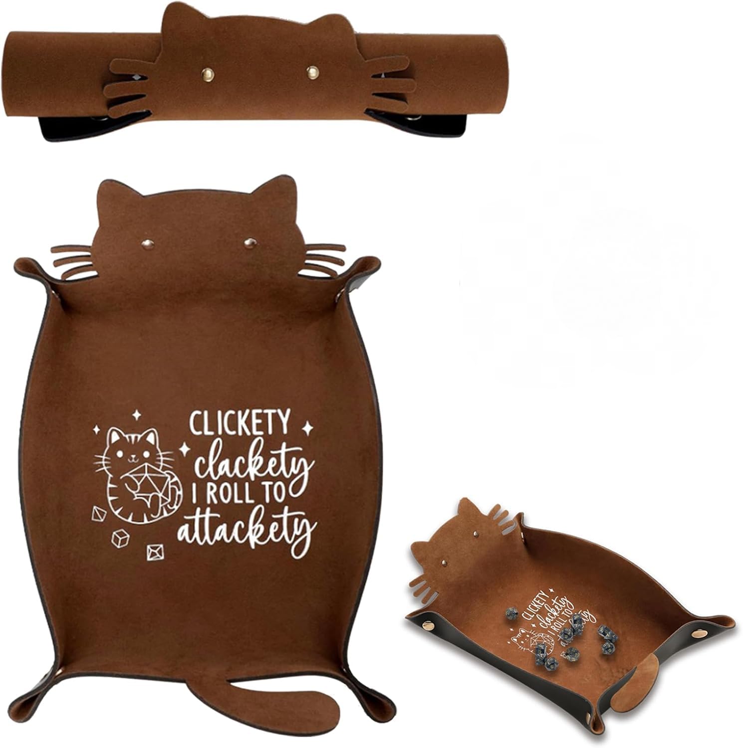 Dice Sheet with Cat Motif Foldable Leather Dice Holder with Wooden Dice, Portable Dice Storage, Organizer Multifunctional Dice Tray for Role Play