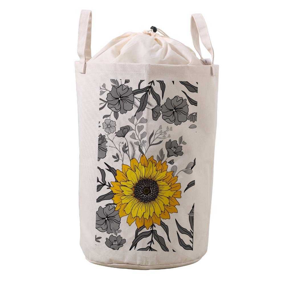 Sac à linge en lin écologique à cordon pochon vêtement motifs fleurs jaunes champêtre