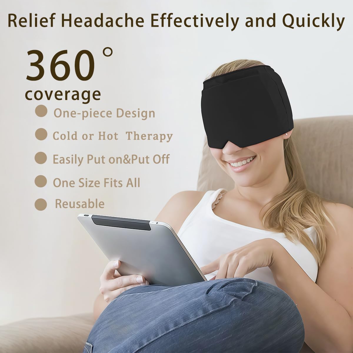 Gorro de alivio del dolor de cabeza de migraña, paquete de hielo calmante para aliviar el dolor de cabeza, se adapta a todas las cabezas, gorro de gel refrescante reutilizable para tensión