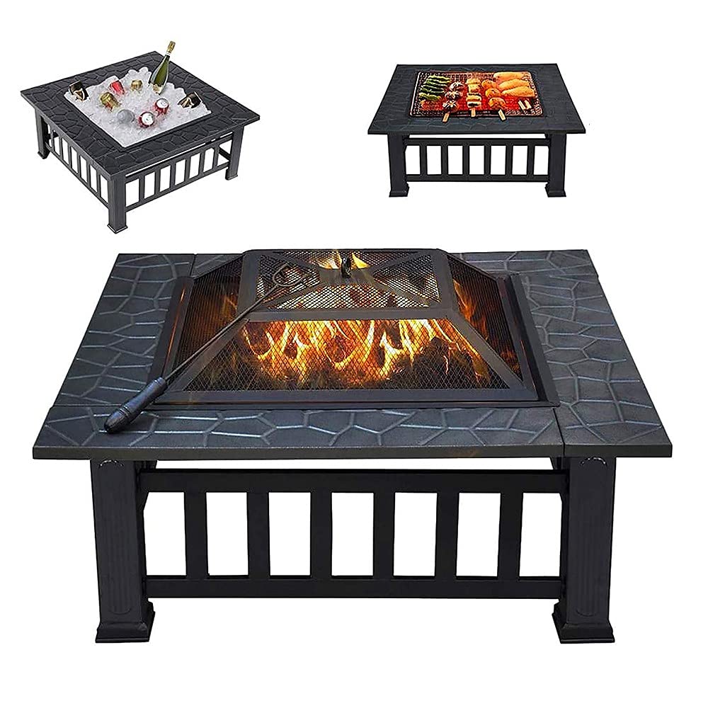 Gran Hoguera 3 En 1 Mesa de Brasero de Metal Al Aire Libre, Calentador de Parrilla de Madera Cuadrado Adecuado para Playa, Parque, Camping, Jardín, Patio