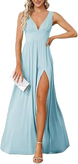 Women's Bridesmaid Dresses Deep V-Neck Sleeveless Side Slit Floor Length Wedding Guest Dress 0168B