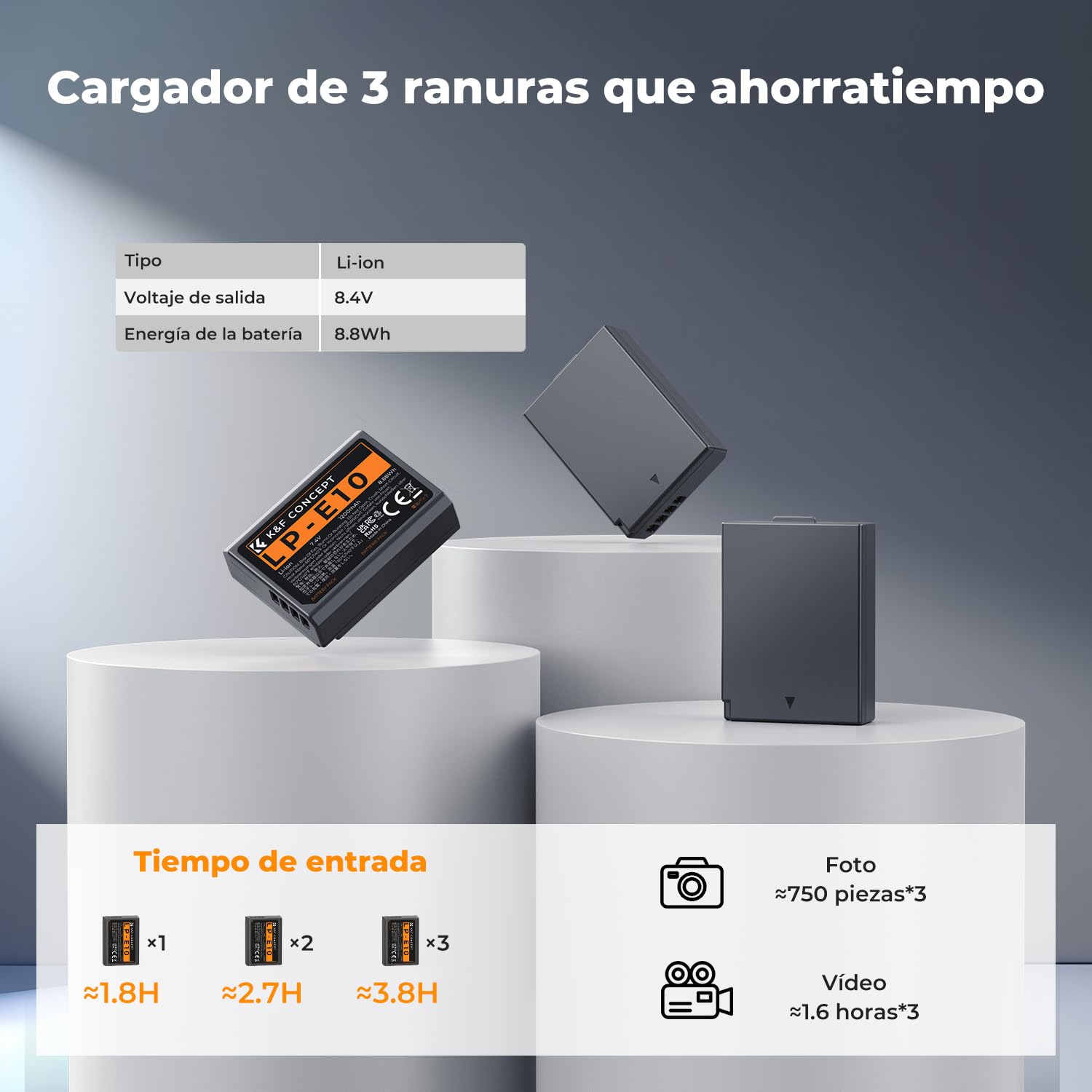 K&F CONCEPT LP-E10 3 Pack Baterías 1200mAh y Cargador LCD de 3 Ranuras Compatible con Canon EOS Rebel T7 T6 T5 T3 T100 Kiss X50 Kiss X70 EOS 1100D 1200D 1300D 2000D