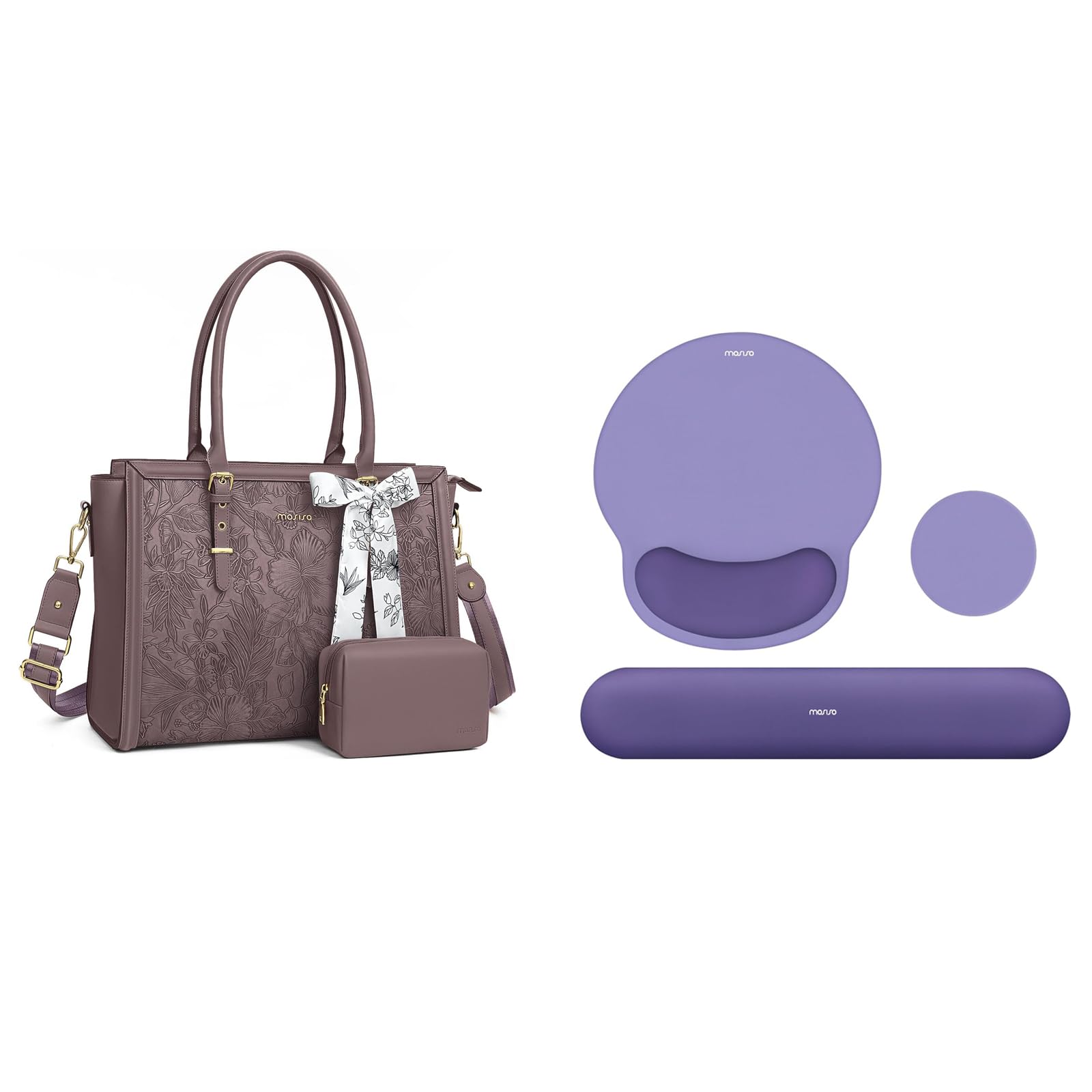 MOSISO Laptop Bag 15.6-16 inch PU Leather Tote Bag,Front Embossed Retro Hibiscus Bag with Silk Scarf&Clutch Purse&Circle Curved Wrist Rest Support for Mouse Pad&Keyboard, Slate Purple&Imperial Purple