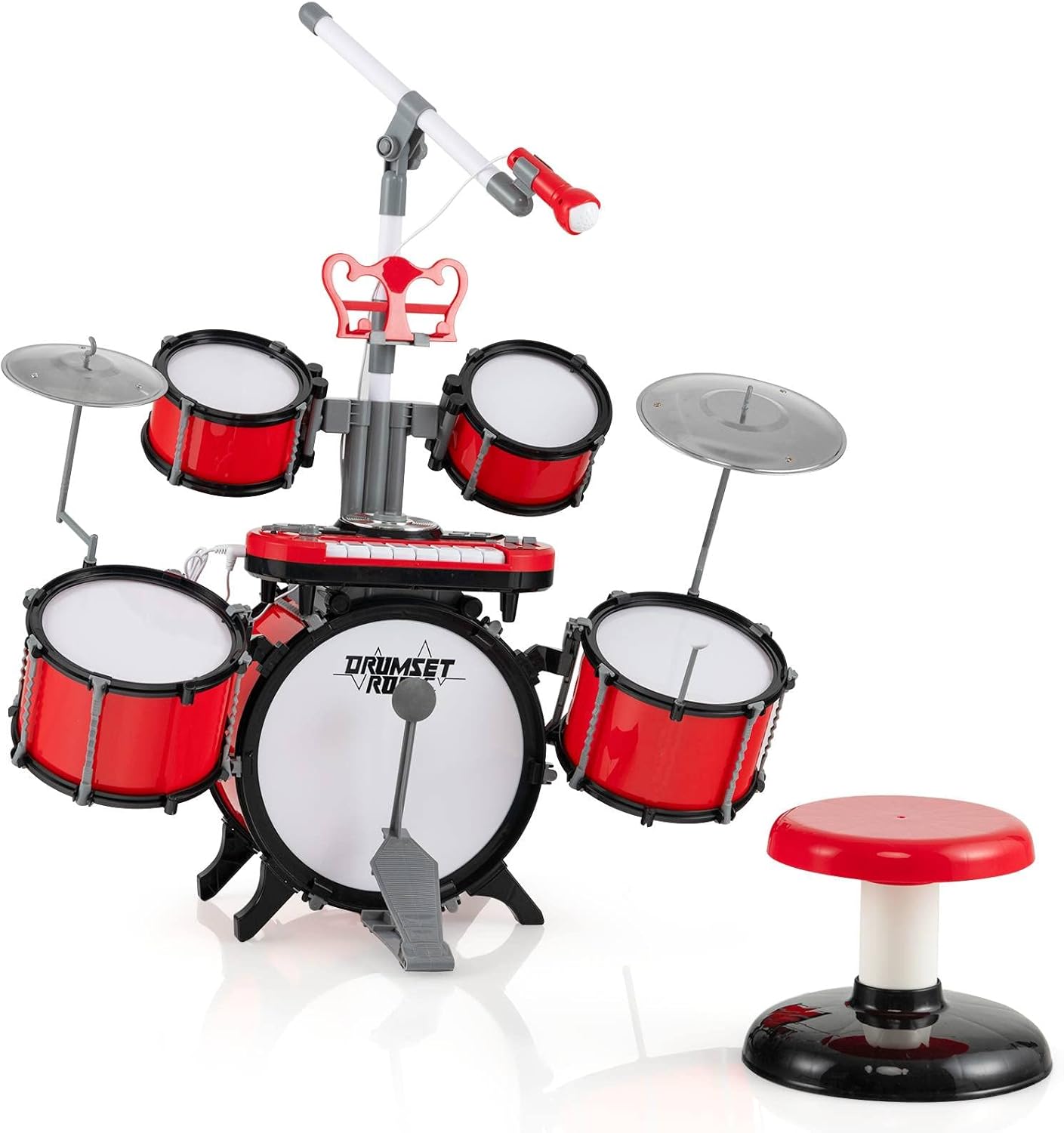 Maxmass Kids Drum Kit, Toddler Jazz Drum Set with Stool, 8key Keyboard