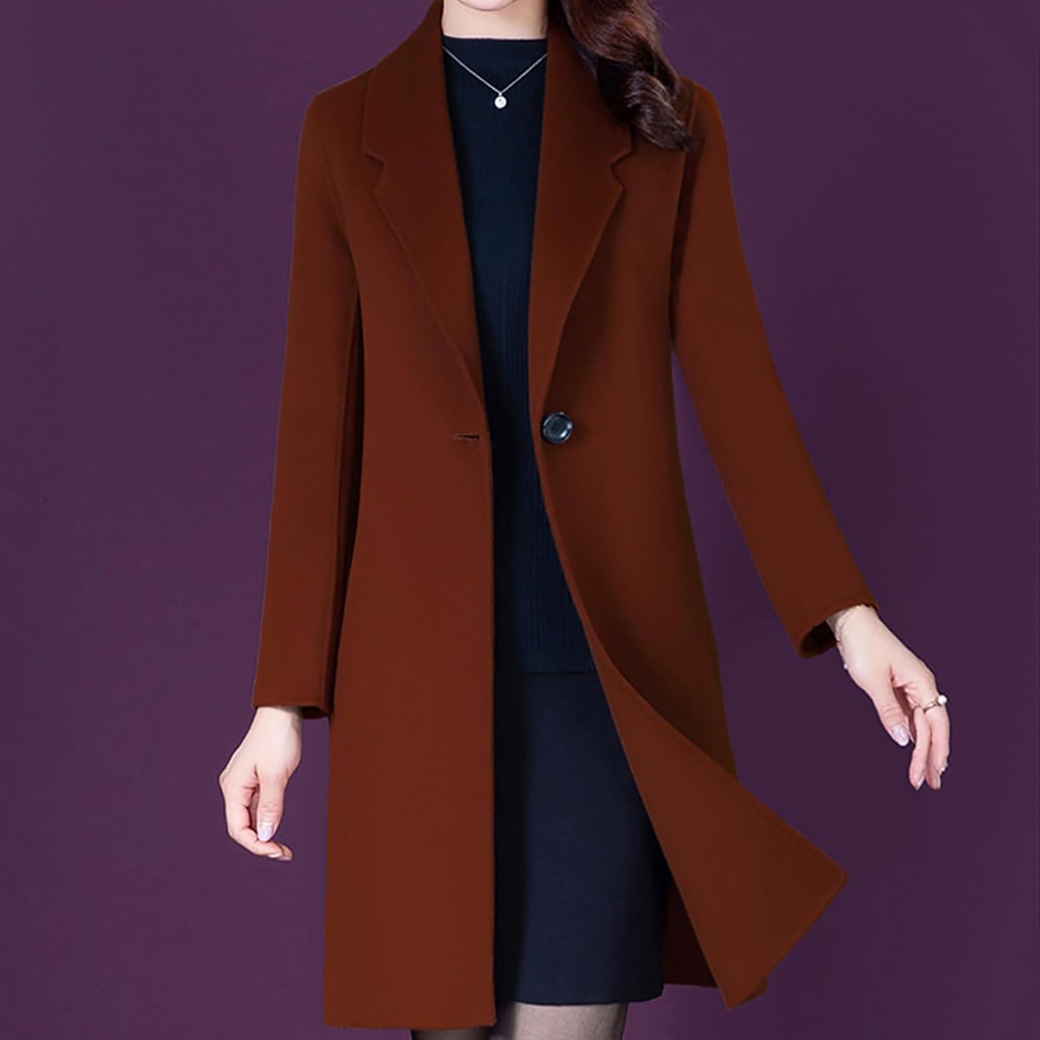 Aprsfn Women's Winter Wool Coats Long Sleeve One Buttoned Pea Coats Notched Lapel Jackets Mid-Length Windproof Overcoat - Image 2