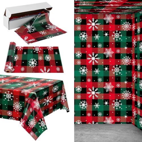 Image of Kochorie 100 Ft x 54 Inch Christmas Buffalo Plaid Snowflake Tablecloth Roll