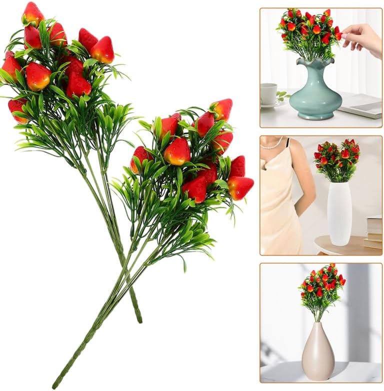 Amosfun Artificial Strawberry Stems 4 Pcs Faux Strawberry Floral Arrangement for Home Decor Party Vase Filler DIY Decorative Branches