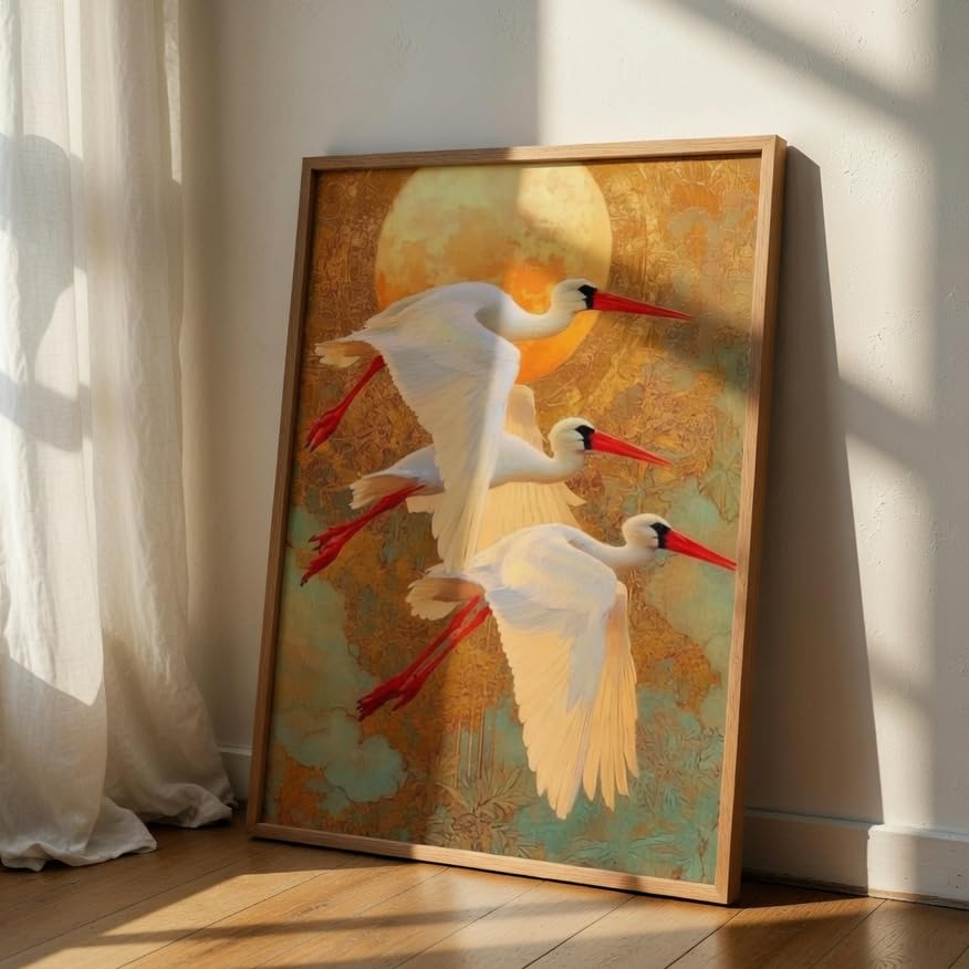 Image of Livin'luxe Flying Crane Bird Wall Painting with Wooden Frame | Elegant Bird Artwork HD UV Laminated MDF Wall Decor | Nature Inspired Wall Art for Living Room Bedroom Home Decor