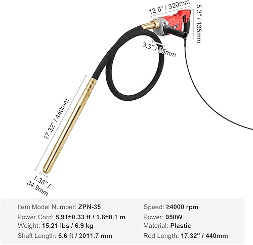 Miniatura 7 de VEVOR Vibrador de concreto manual, vibrador eléctrico de 800W 13000 VPM, herramienta eléctrica de vibración de concreto con vara de 6.6 pies  2m,