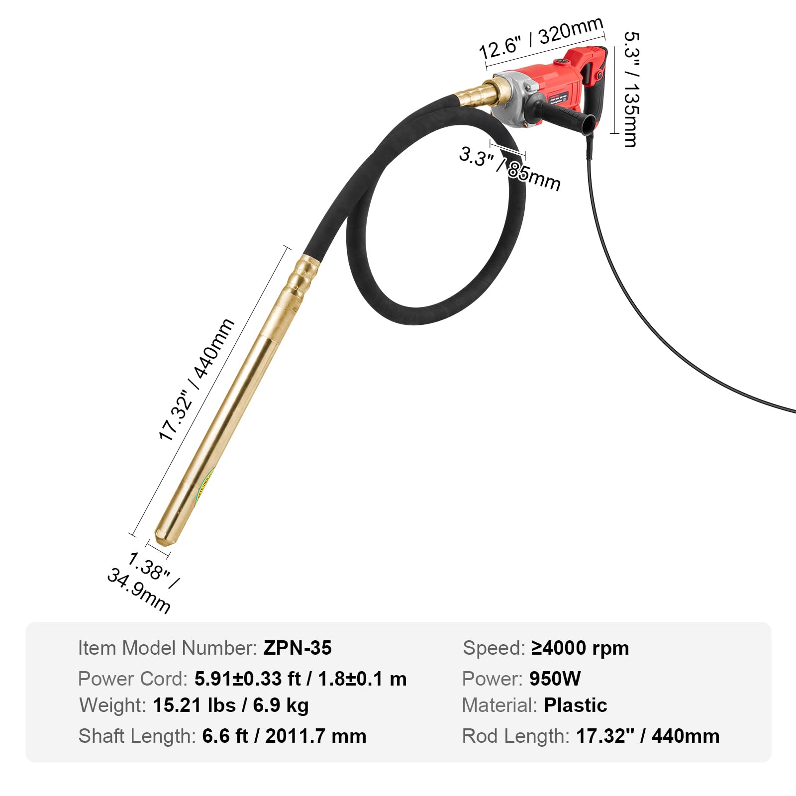 VEVOR Vibrateur à Béton Électrique, 960 W, Outil Vibrant Portatif pour Béton avec Arbre 2 m, 4000 tr/min, Vibration 13000 VPM, Vibreur à Ciment Portable pour Éliminer Bulles d'Air, Mélanger le Béton
