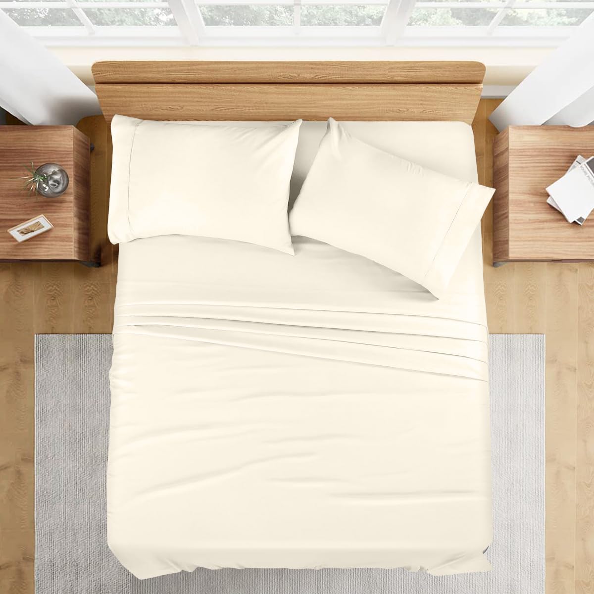 Apsley Linen Solid Color Egyptian Cotton 6-PCs Sheet Set (1 Fitted, 1 Flat, 4 Pillowcase) Fits 15-18'' Deep Pocket High Thread Count Long Staple Sateen Weave Silky Soft Breathable (King, Ivory)