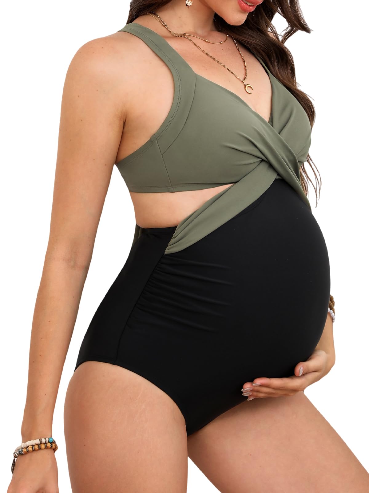 CUPSHE Maillot de bain une pièce de maternité à col en V pour femme - Cache-cœur croisé sur le devant - Bloc de couleurs