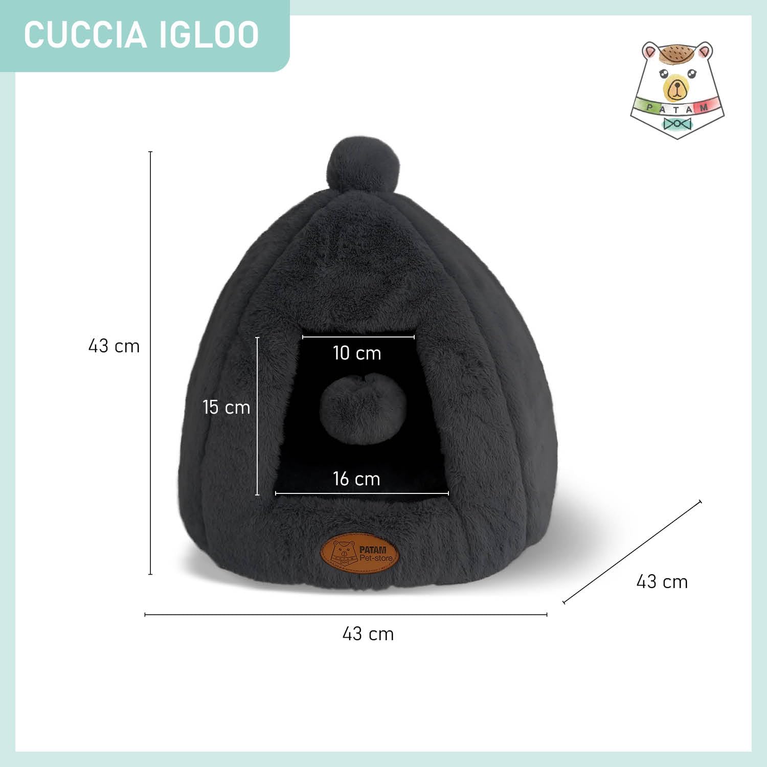 Niche pour Chiens et Chats, antidérapante en Tissu Duveteux Doux, Lavable, Design de Rideau avec Balle de Jeu, 43 x 43 x 43 cm - Igloo Noir