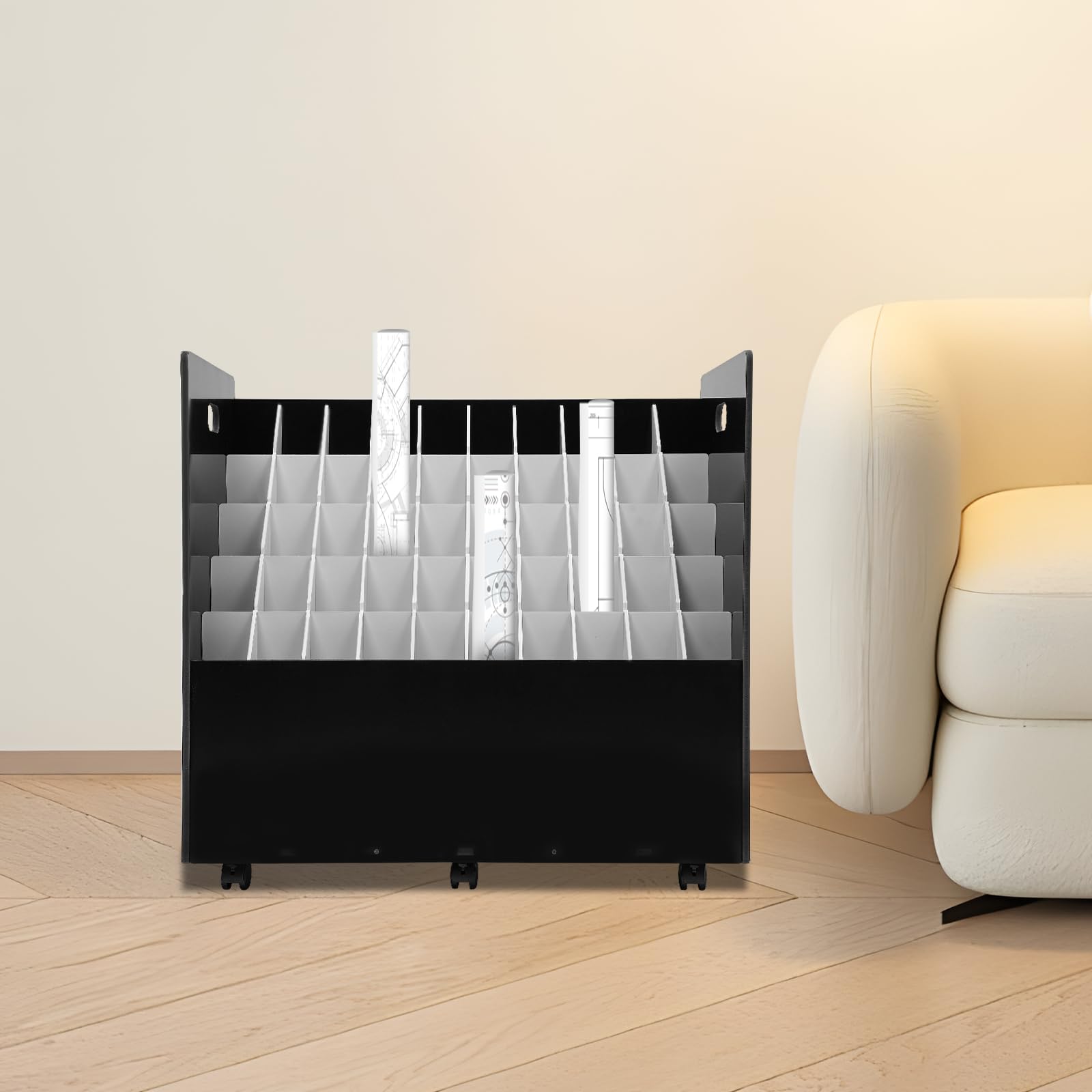 Organizador de Literatura, Organizador de Planos, Carrito de Archivos móvil, Soporte para Documentos con Ruedas (Negro, 50 Ranuras)