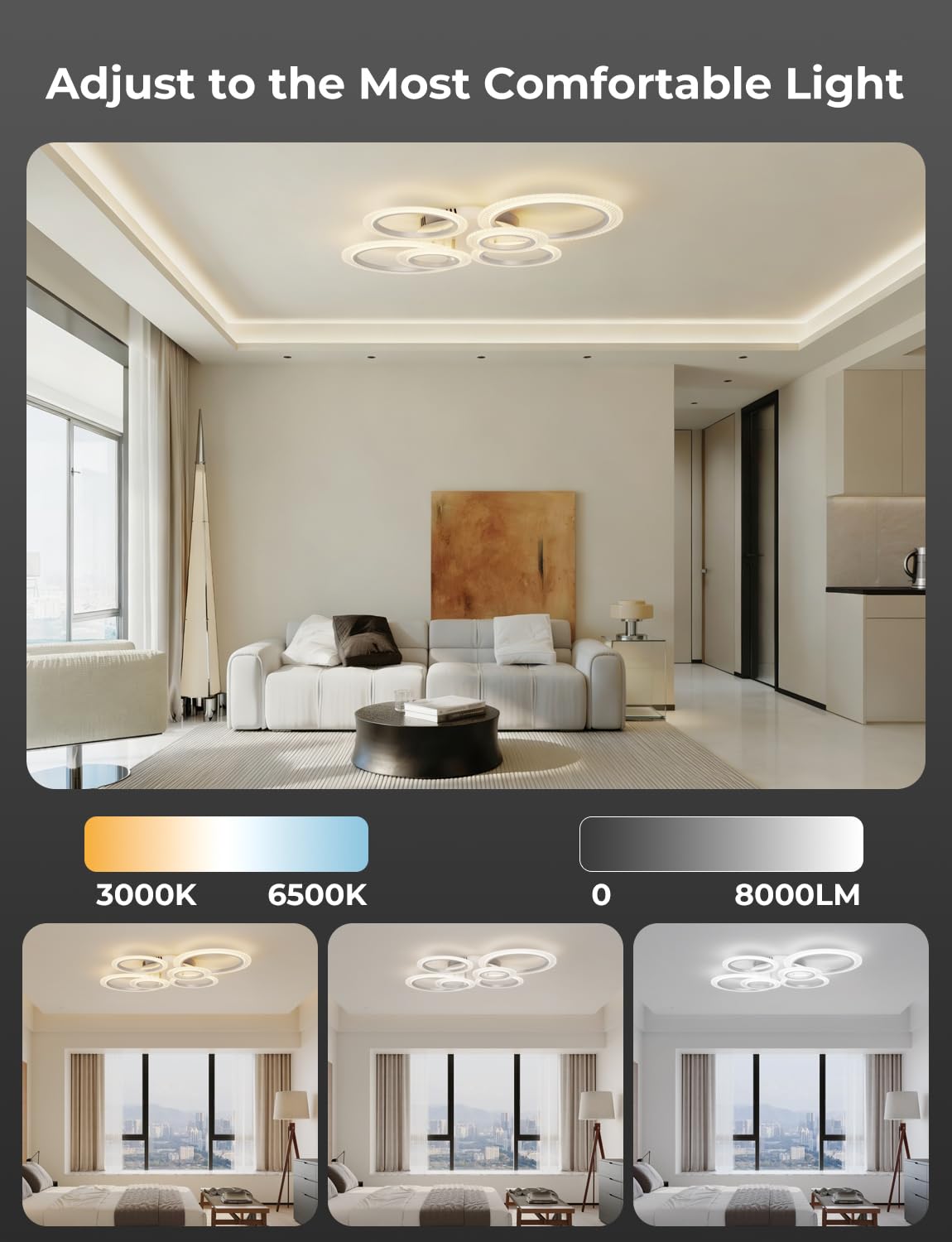 Lámpara de Techo LED Inteligente Diseño de Anillos Moderno, Plafón WiFi 80W 8000LM Regulable, Compatible con Alexa y Google Home, Control por App y Mando, Ø88cm para Salón Dormitorio, Blanco