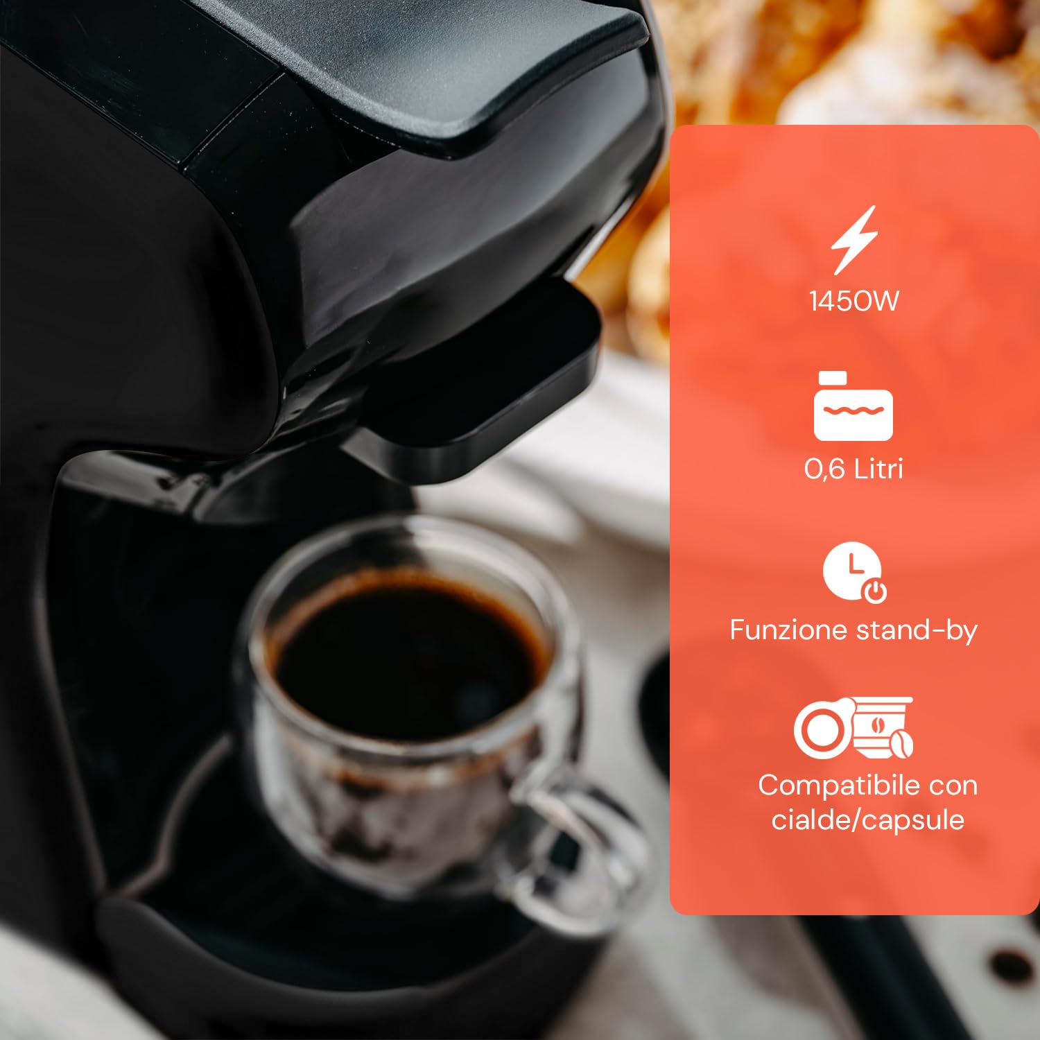 Wintem Macchina Caffè Compatta Grace da 1450W con Arresto Automatico, Selezione Espresso Corto/Lungo, Interruttore ON/OFF e Compatibilità con Capsule e Cialde (Nero)
