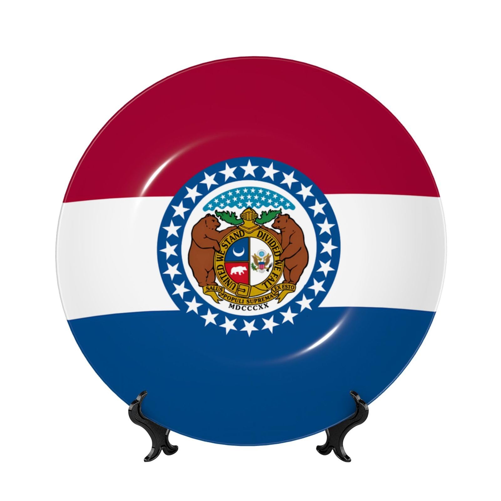 SXZVVBN Missouri State Flag Bone China Decorative Plate Art with Stand Removable Adhesive Hanging for Home Office 7in