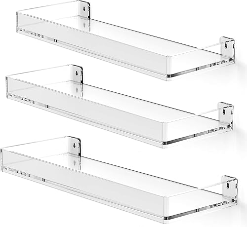 MaxGear Acrylic Clear Floating Shelves with Edge, Wall Mounted Hanging Bookshelves, Decorative Display Wall Shelves Storage Organizer for Bathroom,