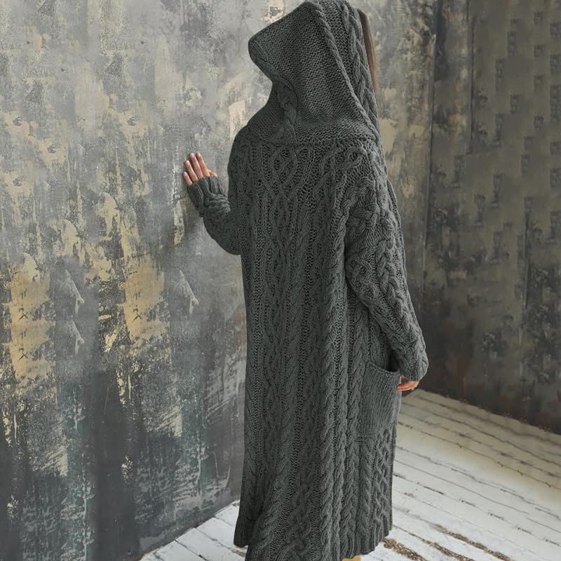 NIUBIA Womens Casual Long Sleeve Open Cardigan Warm Hooded Outwear Coat Cable Knit Long Cardigan Sweaters with Pockets4