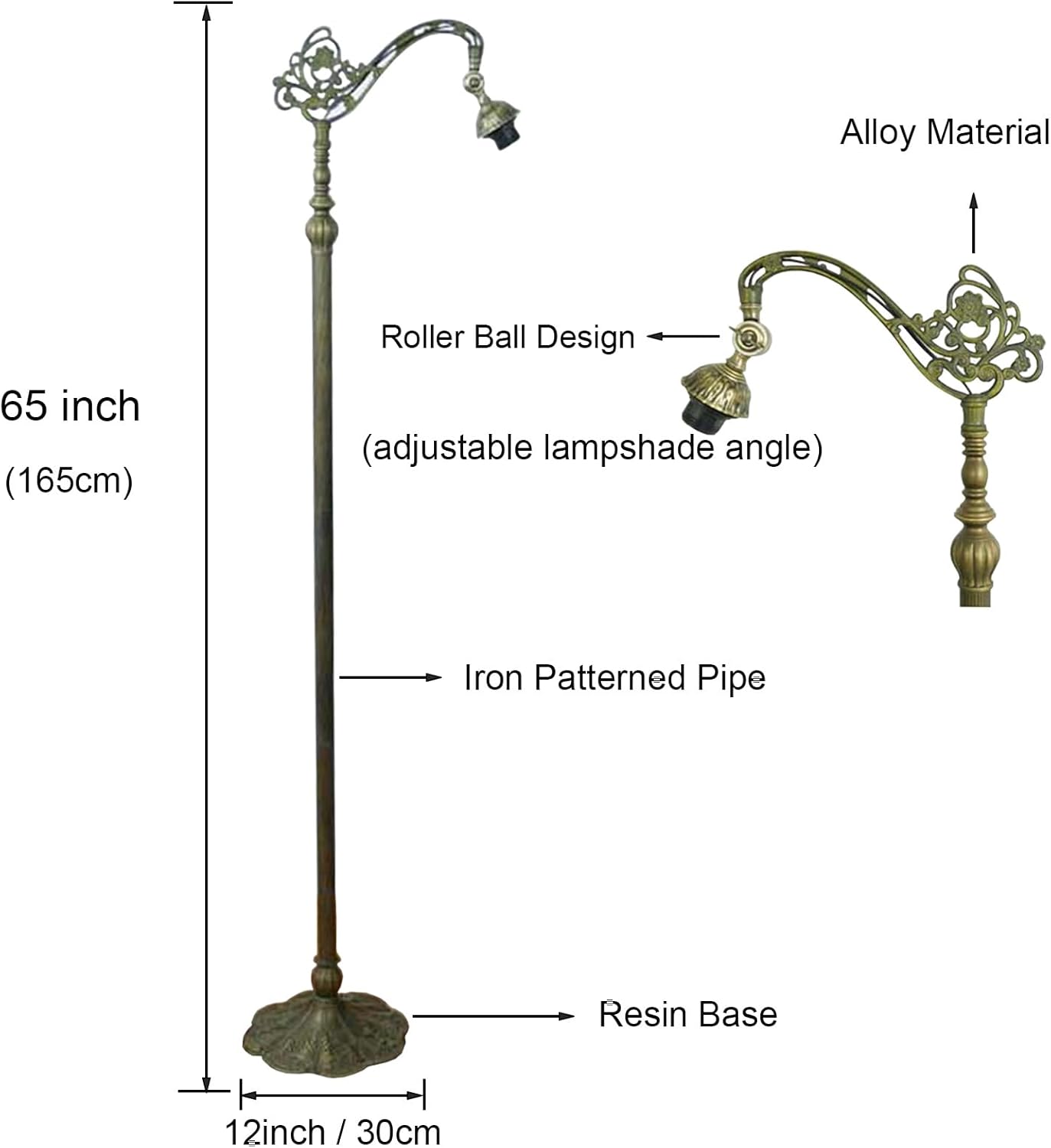 Tiffany Floor Lamp Base Replacement, Only Arched Lamp Base, Gooseneck Adjustable Corner Standing Reading Light Base for 12 Inch Stained Glass Lampshade, Height 65 Inch Bronze Finished Base