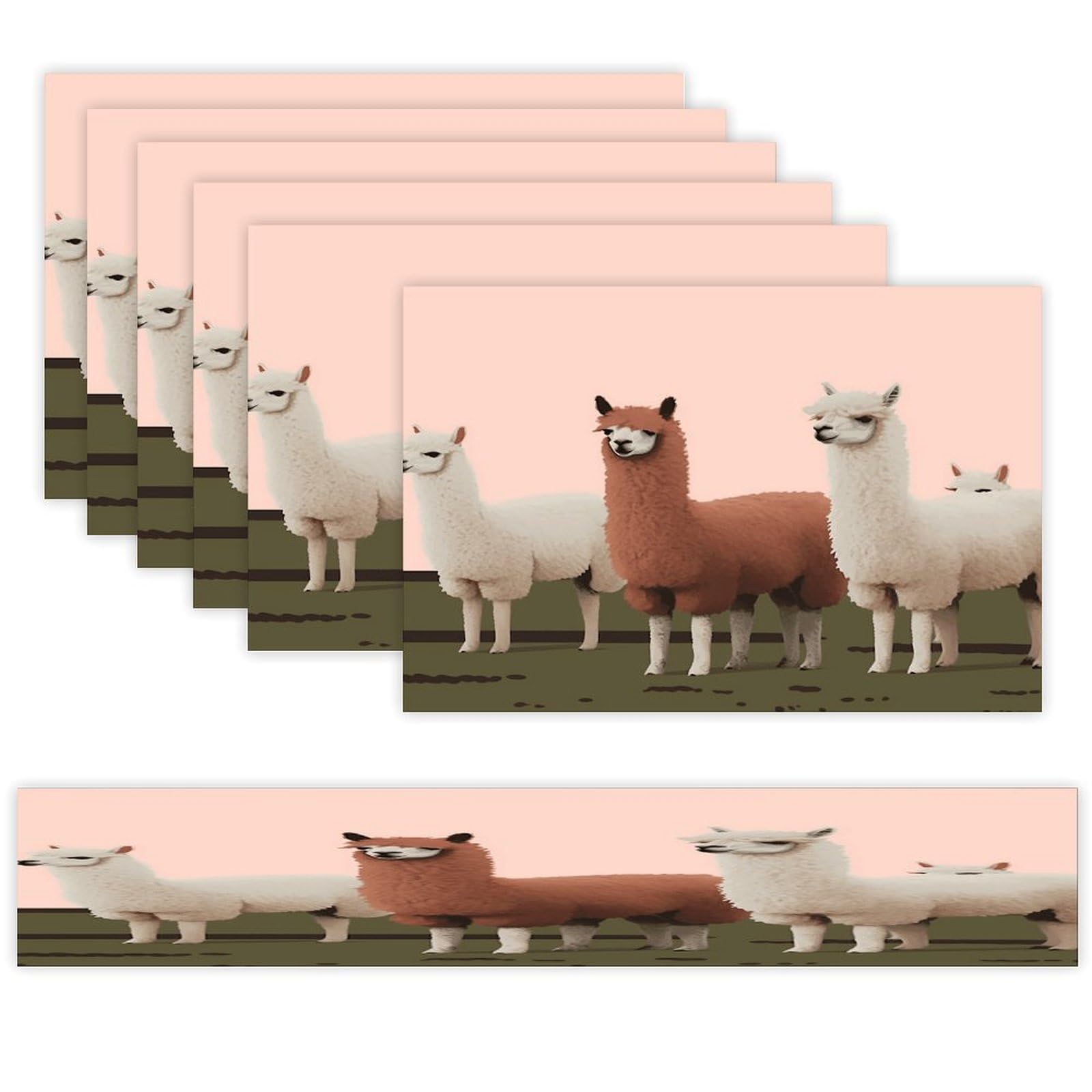 Alpacas Table Runner and Placemats Set of 6 Wipe Clean Heat Resistant Table Mat with Table Runner Decorations Flax Linen Place Mat Set for Home Kitchen Party Supplies