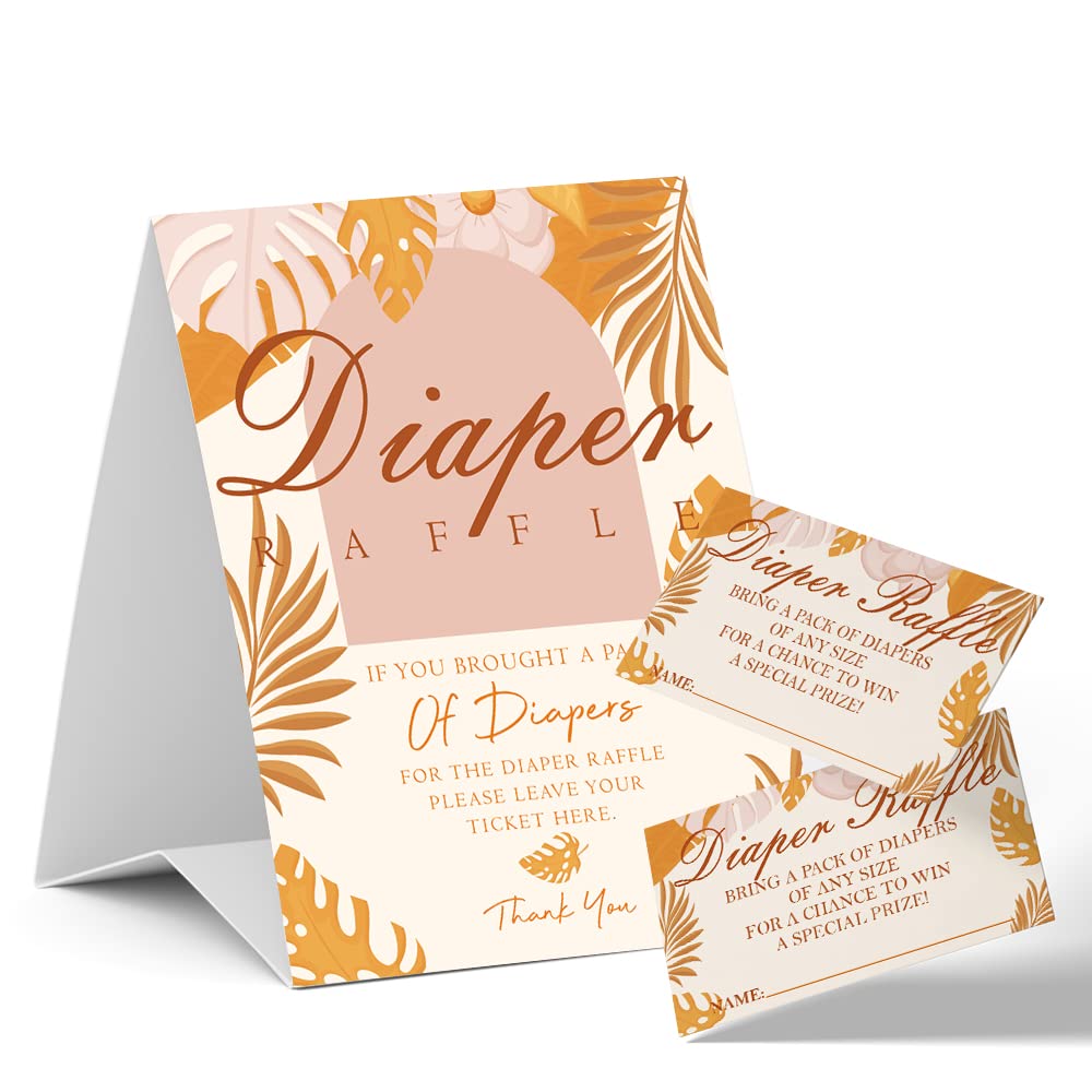 Photo 1 of Baby Shower Diaper Raffle Tickets, Baby Shower Party Gift Game Cards, Fall Elegant Leaves Theme, Unisex Boy or Girl, Baby Shower Decorations Set (1 Sign+50 Cards), with a Pack of Diapers - DLM312-
