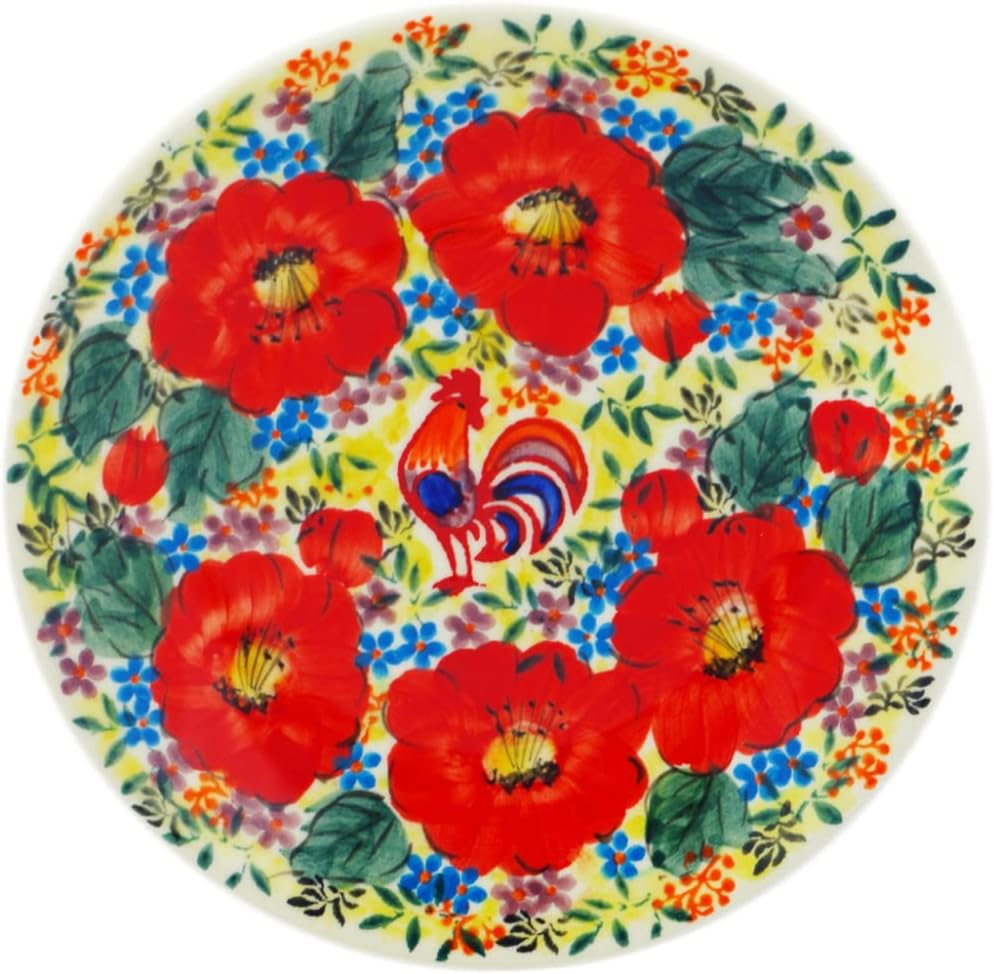 Polmedia Polish Pottery Dessert Plate UNIKAT - Red Sunset Meadow Pattern Handmade in Boleslawiec Poland + Certificate of Authenticity