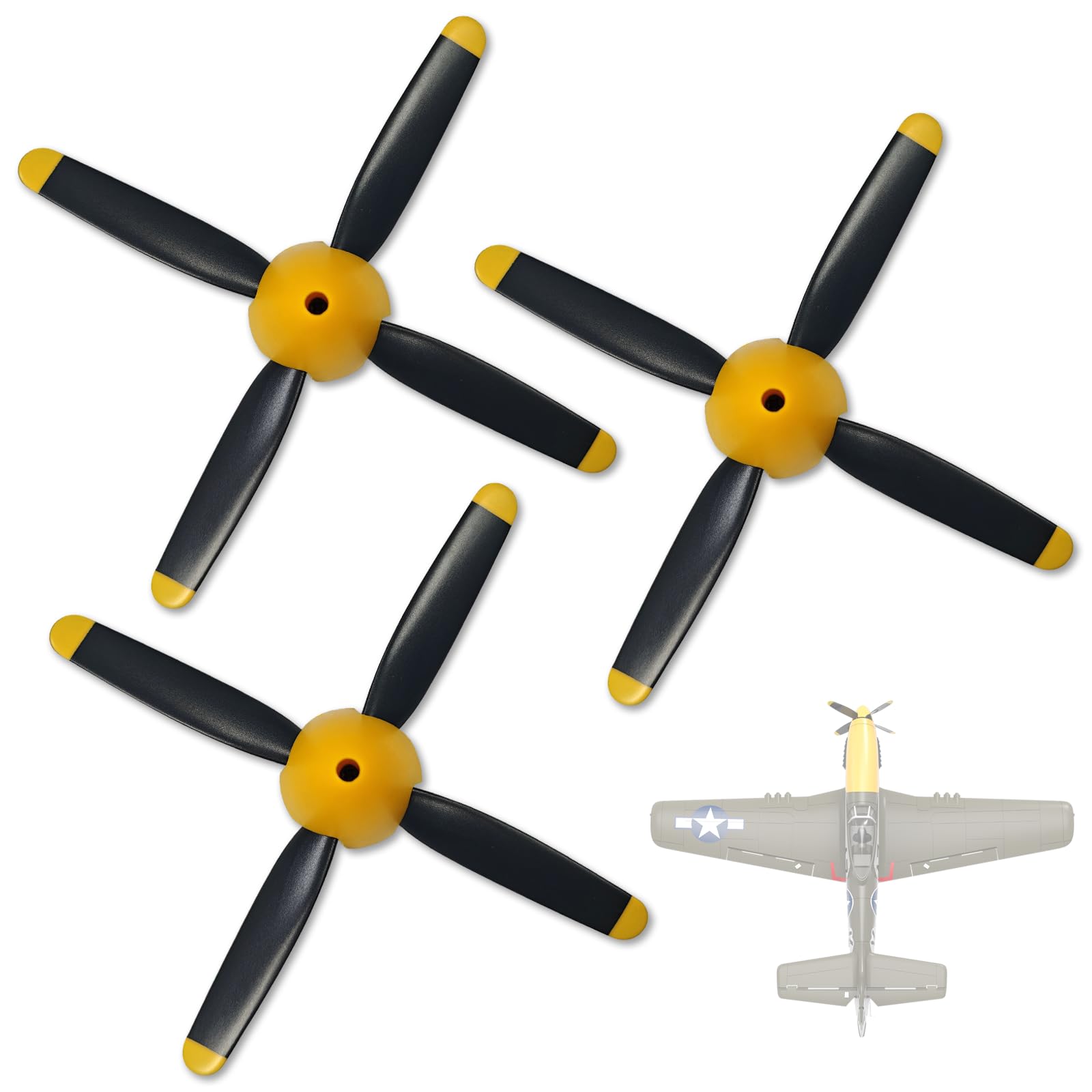 Lot de 3 hélices haute performance 4 lames de rechange pour avion RC sans balais 4 canaux P51D Mustang 500 mm Avec cône de nez en fibre de carbone, économiseur d'hélice