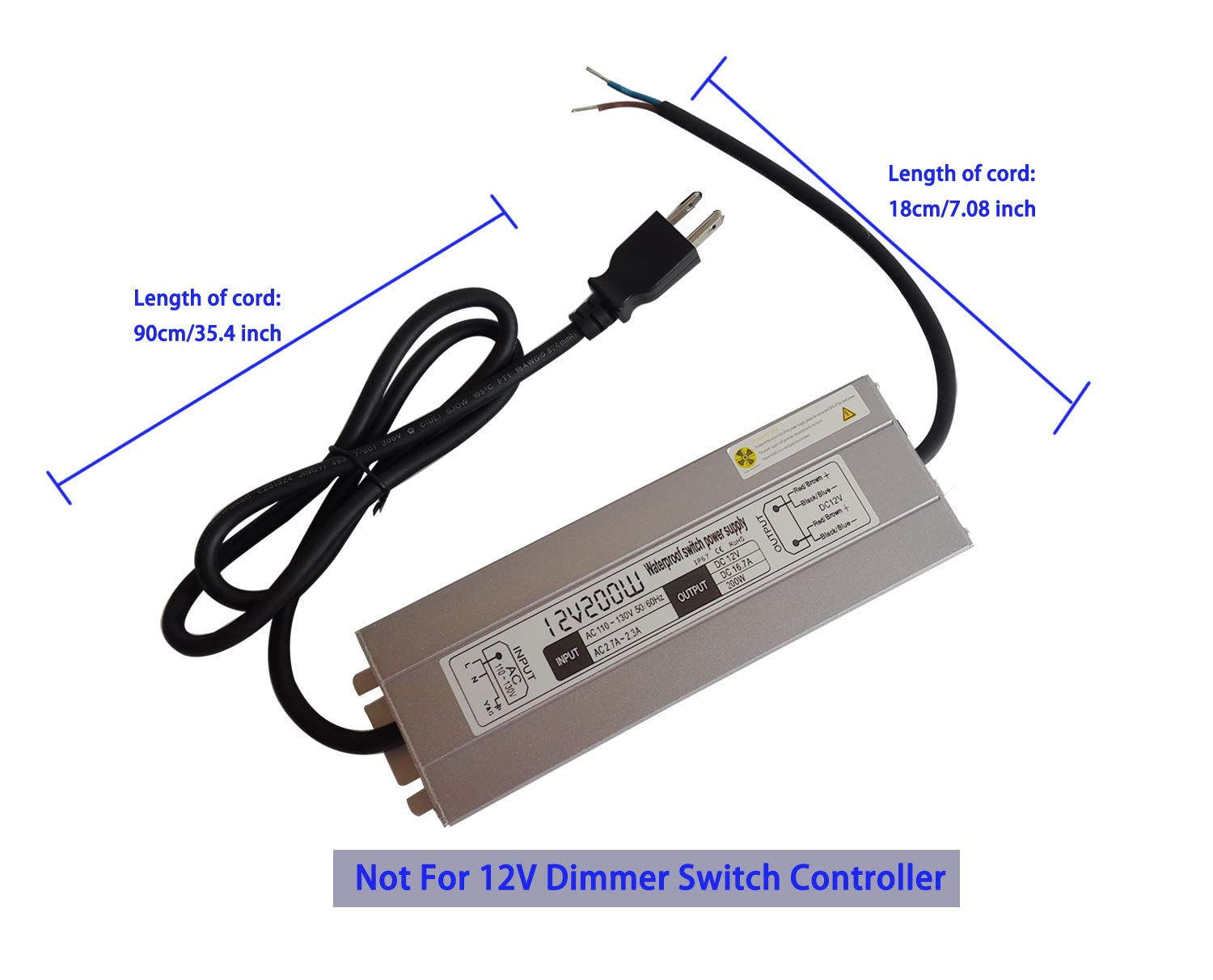 200w Waterproof Power Supply Transformer,110-130v AC to 12v DC Output 16.7a Power Supply Adapter with 3 feet Cable for Outdoor Use