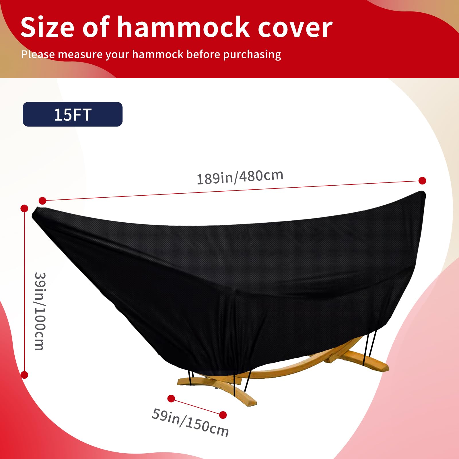 KRRRSJDJ Outdoor Waterproof Hammock Cover for 15FT Hammock Stand,with Zip and Elastic Ropes,and It has Windproof Effect,420D Heavy Duty Oxford (Black,15foot)