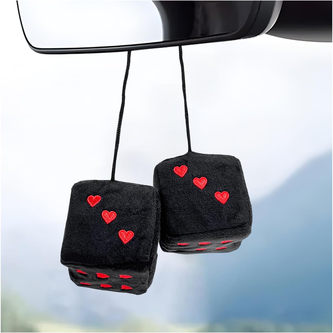 Pair Fuzzy Plush Dice for Car Mirror, 3″ Retro Square Rearview Mirror Ornament with Heart Shape Pattern, Vintage Hanging Dice Soft Couple Pendant Interior Decor for Women (Black & Red)