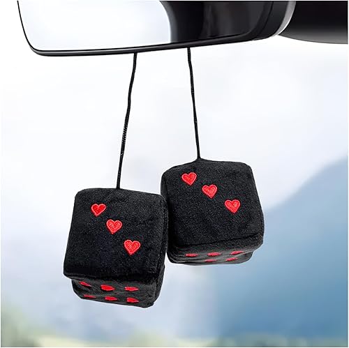 Miniatura 7 de Par de dados de felpa mullidos para espejo de automóvil, adorno cuadrado retro de 3 pulgadas para espejo retrovisor con patrón de forma de corazón,