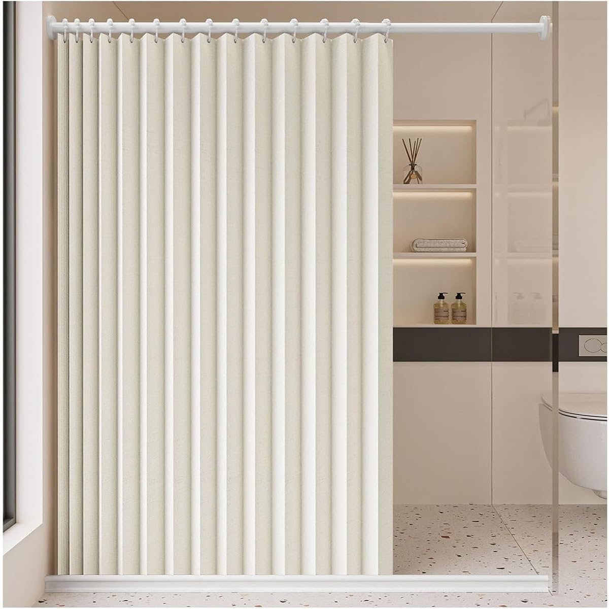 Single tree forest Magnetic waterproof foldable shower curtain, protect privacy, suitable for home partitions, bathrooms.- W180xH240cm-Beige โ image 1