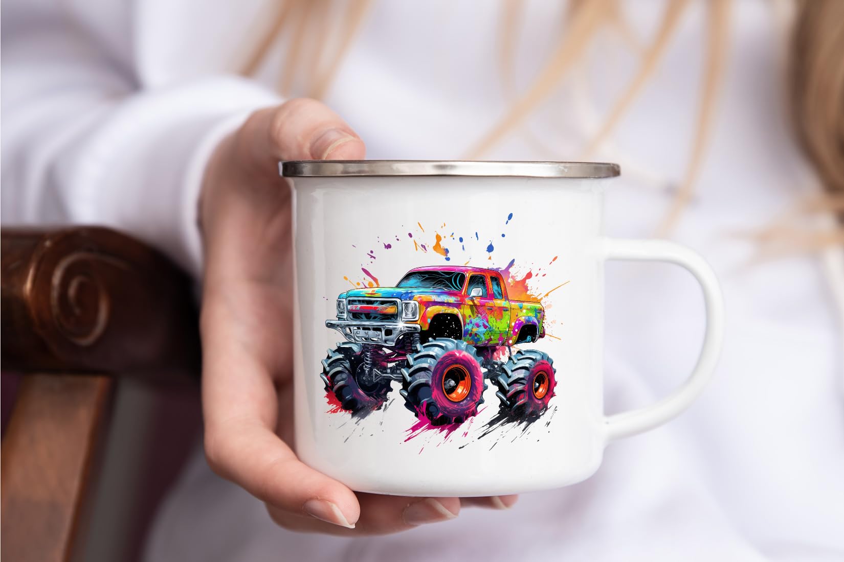 MAXIKIWI - Durable Enamel Coffee or Tea Camping Mug for Indoor Outdoor Use - Monster Truck - 350ml, Monster Truck 10 - Image 4
