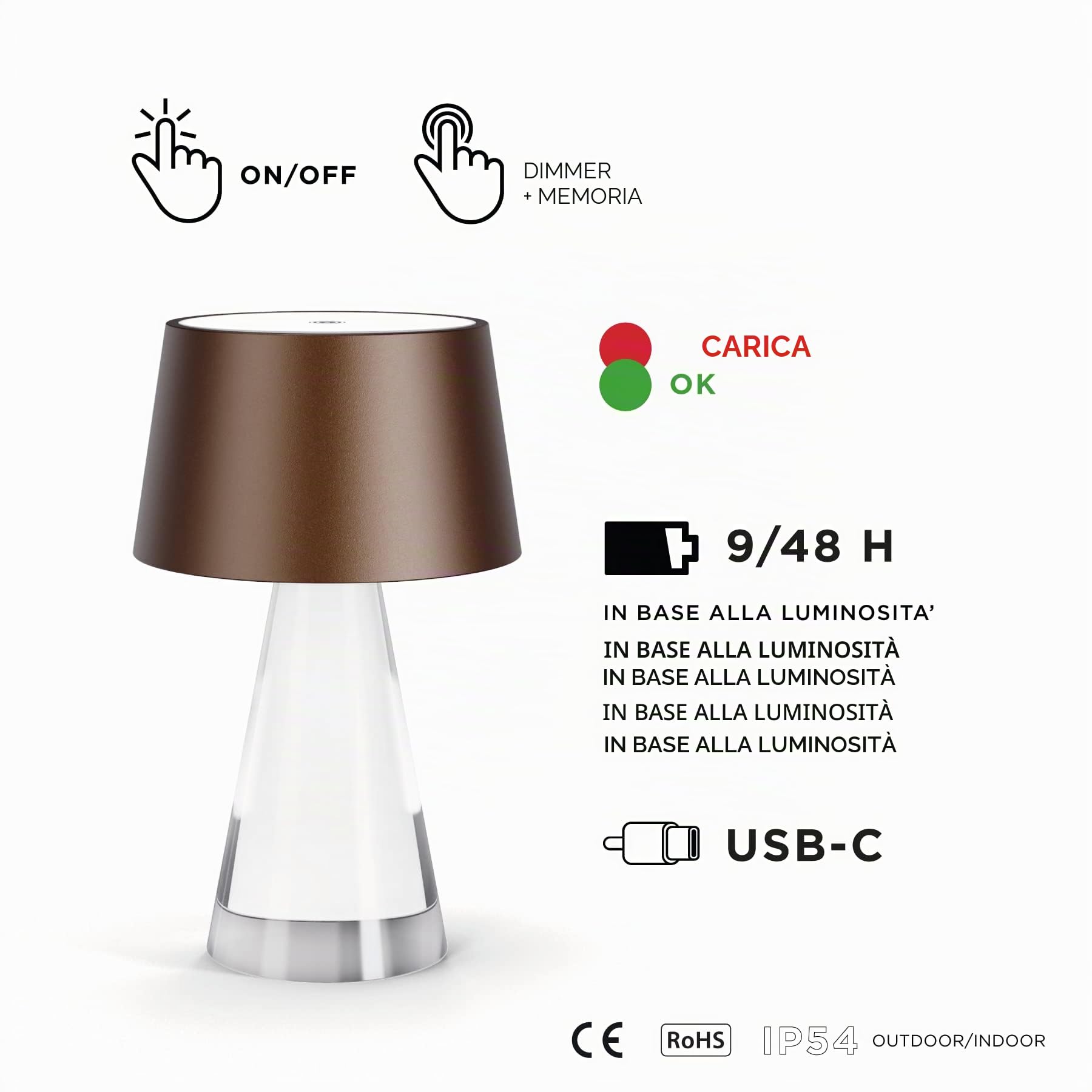 Stilosa 3 Mood - Lampada Ricaricabile Bassa da Tavolo senza fili - Luce LED Regolabile (Dimmer) con il Tocco - Casa e Ristorante - USB C - IP54 Uso Interno ed Esterno - Bronzo Oxide