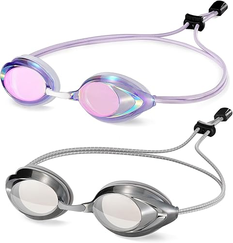Racing Swim Goggles 2 Pack for Adult Men Women 180 Panoramic Clear View Bungee Strap Swimming Goggles No Leaking