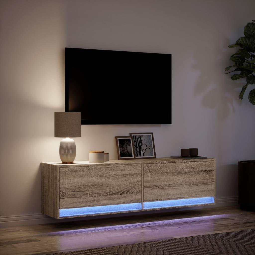 Mueble de TV de pared con iluminación LED RGB, roble de sonoma, 140 x 31 x 38 cm, mueble de TV colgante con 2 cajones, mueble de pared con luz de fondo ajustable, moderno debajo de la TV